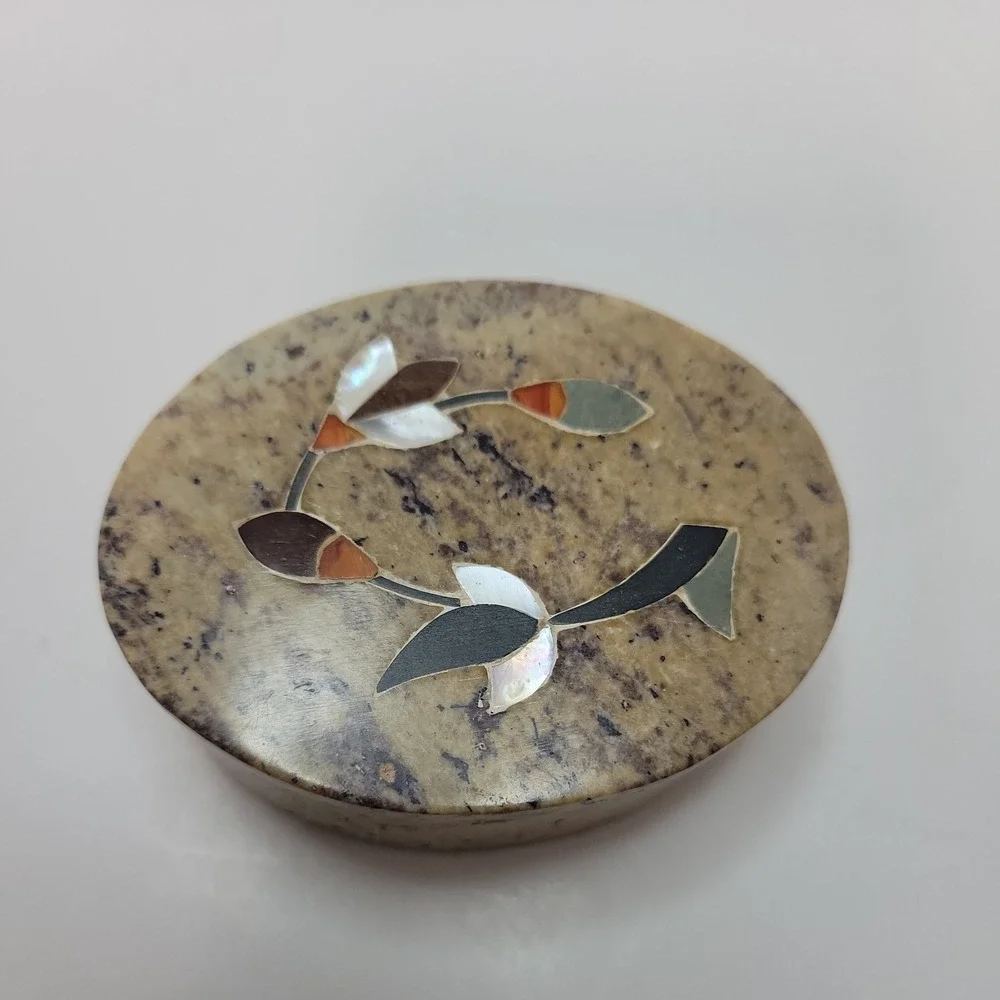 Soapstone Jewelry or Trinket Box 3x2.5 W MOP Inlay & W Black Matrix Throughout